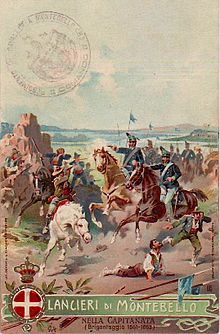 Military postcard of the "reggimento lancieri di Montebello" to commemorate the fight against the brigands (c. 1861-1863)
