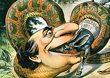 Pilapiirros vuodelta 1896, jossa William Jennings Bryan, populismin vankka kannattaja, on nielaissut Amerikan demokraattisen puolueen symbolin.  