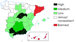Bulių kovų paplitimas Ispanijos provincijose šiandien.