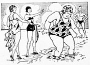 Kookkaamman naisen kiusaaminen painonpudotuslääkettä koskevassa mainoksessa vuonna 1942 Brasiliassa.  