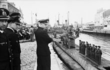 Karl Dönitz at the arrival of U 94 in the harbour of Saint-Nazaire, June 1941