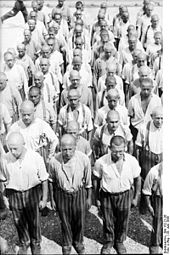 Propaganda photo: Dachau concentration camp, prisoners at roll call (June 28, 1938). Photograph by Friedrich Bauer
