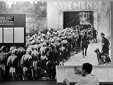 Vrouwelijke gevangenen gaan de Siemens-fabriek binnen om slavenarbeid te verrichten, met SS-bewakers in de buurt  