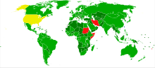 Toestand van het verdrag (groen: geratificeerd, geel: alleen ondertekend en rood: geen van beide)