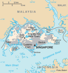 Um mapa de Cingapura e das ilhas e vias fluviais circundantes