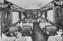 Dining room of a CIWL dining car, before 1900