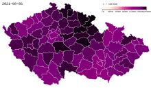 SARS-CoV-2 infections per 100,000 inhabitants in the districts of the Czech Republic