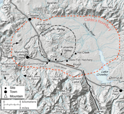 Relief map of the Long Valley Caldera, California. The edge of the caldera is indicated by the red line. Source: Long Valley Observatory (LVO) of the USGS.