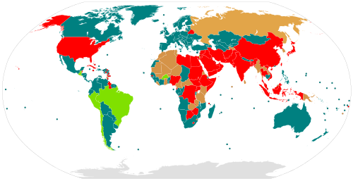   Abolitionistische landen (hebben de doodstraf verboden): 106   Landen met een afschaffing in de praktijk (die de afgelopen 14 jaar of meer niemand hebben geëxecuteerd), en landen met een afschaffing in de wet voor alle misdrijven, behalve die welke onder uitzonderlijke omstandigheden zijn gepleegd (zoals misdrijven in oorlogstijd): 7   Landen met een afschaffingsbeleid (die de afgelopen 10 jaar of meer niemand hebben geëxecuteerd en een gevestigde praktijk hebben om geen executies uit te voeren): 28   Retentionistische landen (gebruiken nog steeds de doodstraf): 54  