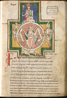 Kolo štěstí z Buranova kodexu; číslice jsou označeny "Regno, Regnavi, Sum sine regno, Regnabo": Vládnu, Vládl jsem, Moje vláda je ukončena, Budu vládnout  
