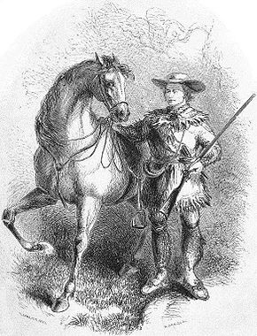 O homem da montanha Kit Carson e seu cavalo favorito, Apache, de The Life and Adventures of Kit Carson, o Nestor das Montanhas Rochosas de De Witt C. Peters. O livro foi a primeira biografia de Carson, e foi impresso em 1858.