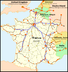 TGV route network blue: new lines in France, red: new lines in neighbouring countries, black: existing lines with TGV traffic, dotted: planned line