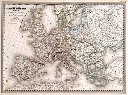 Map of the French Empire (1812) and its 133 departments, with the Kingdom of Spain, Portugal, Italy and Naples and the Confederation of the Rhine, Illyria and Dalmatia.