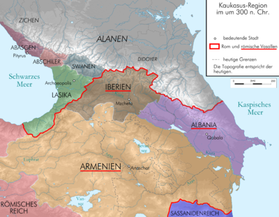 A Albânia caucasiana (atual Azerbaijão) era um vassalo do Império Romano por volta de 300 d.C. (dentro da linha vermelha os "Estados Vassalos" de Roma): Albânia, Ibéria e Armênia)