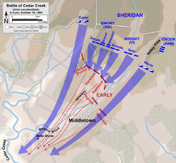 Kaart van de tegenaanval van de Unie bij de Slag om Cedar Creek tijdens de Amerikaanse Burgeroorlog
