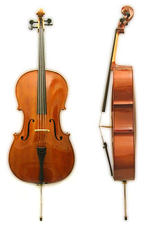 Um violoncelo de frente e de lado