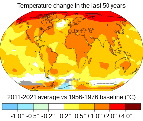  Paikat, jotka lämpenivät (punainen) ja viilenivät (sininen) viimeisten 50 vuoden aikana.  