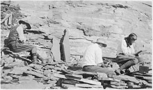 Charles gräbt den Burgess Shale (in der Nähe von Field, British Columbia) mit seiner Frau und seinem Sohn in dem Steinbruch, der heute seinen Namen trägt.