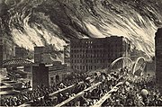 Een tekening van de grote brand in Chicago, 1871  