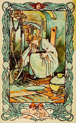 Ilustracja Cindarelli autorstwa Charlesa Robinsona, 1900 rok. Z "Opowieści o minionych czasach" z opowiadaniami Charlesa Perraulta.