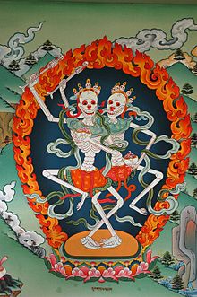 O Citipati como retratado em uma pintura no Mosteiro Gelugpa, no Nepal.