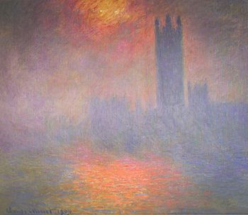 Obraz londýnského smogu od Clauda Moneta z roku 1904. Způsobovalo ho především spalování uhlí v domácnostech a vlacích.