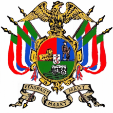 Eendragt maakt magt' als motto op het wapenschild van de Zuid-Afrikaanse Republiek.