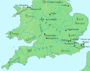 Kaart van Mercia met de genoemde plaatsen (klik om te vergroten).