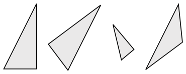 Ett exempel på kongruens. De två trianglarna till vänster är kongruenta, medan den tredje är likadan. Den sista triangeln är varken likartad eller kongruent med någon av de andra. Observera att kongruens tillåter ändring av vissa egenskaper, t.ex. läge och orientering, men lämnar andra oförändrade, t.ex. avstånd och vinklar. De oförändrade egenskaperna kallas invarianter.