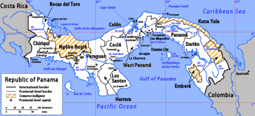 Panaman kartta, jossa näkyy Panaman kymmenen maakuntaa ja kolme maakuntatason comarcas indígenas -aluetta.