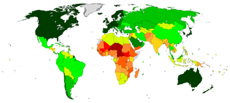 Карта на света, показваща индекса на човешкото развитие (въз основа на данни за 2019 г., публикувани на 15 декември 2020 г.).   ≥ 0.900   0.850-0.899   0.800-0.849   0.750-0.799   0.700-0.749   0.650-0.699   0.600-0.649   0.550-0.599   0.500-0.549   0.450-0.499   0.400-0.449   ≤ 0.399   Данните не са налични  