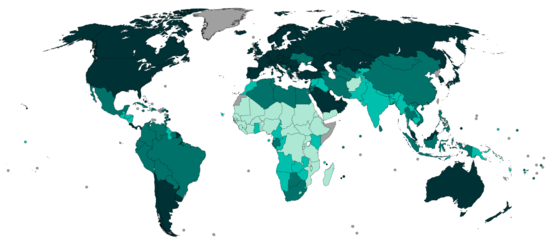 Maailmankartta, jossa esitetään inhimillisen kehityksen indeksin luokat maittain (vuoden 2019 tietojen perusteella, julkaistu 15. joulukuuta 2020).   Erittäin korkea   Korkea   Medium   Matala   Tietoja ei ole saatavilla  