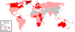 Kaart van landen waar Kerstmis een officiële feestdag is op 24/25 december of 6/7 januari. De rode kleur arcering toont het aantal "rustdagen".  