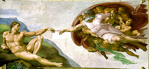 "Сътворението на Адам" на Микеланджело около 511 г. - фреска, която често се използва като символ на Италианския ренесанс