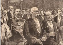 Crispi and his ministers at an audience with the King in the Quirinal Palace in 1888. Next to Crispi, the then Minister of Finance, Agostino Magliani; behind him, Minister of War, Ettore Bertolè Viale.