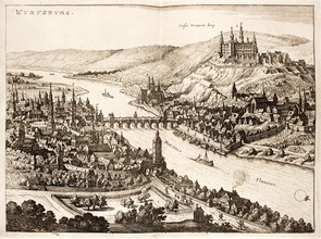 Panorama of Würzburg with the fortress Marienberg. Matthäus Merian in Cornelis Danckerts: Historis, 1642.