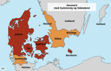 Сегодняшняя Дания и бывшие датские провинции Южный Шлезвиг, Сконе, Халланд и Блекинге.