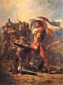 Schilderij van Donia en Jelckama die vechten voor de vrijheid van zijn volk. Het schilderij heet: "Dapperheid van Grote Pier", wat betekent: "Dapperheid van Grote Pier".  