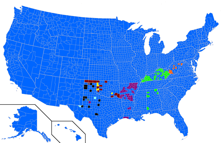 Výsledky demokratických primárek 2012 podle okresů (nebo jejich ekvivalentů).      Barack Obama Randall Terry Darcy Richardson      John Wolfe, Jr.      Jim Rogers Nezávazně      Keith Judd Bob Ely Žádné hlasy  