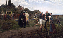 Frederick II inspects potato cultivation on an inspection tour (oil painting The King Everywhere by Robert Warthmüller, 1886)