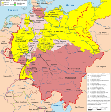 Germany in Autumn 1850: States of the Erfurt Union (yellow) and those of the Truncated Union (dark red)