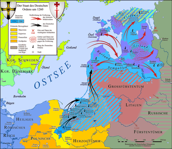 Acquisitions of the Teutonic Order in Prussia and of the Order of the Brothers of the Sword, united with it in 1237, in Courland and Livonia until 1260; the shaded areas are the disputed territories in Prussia and Schamaiten.