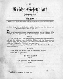 "Law on the Conclusion of Peace between Germany and the Allied and Associated Powers". Published in the German Reich Law Gazette of 12 August 1919 with the complete, trilingual treaty text.