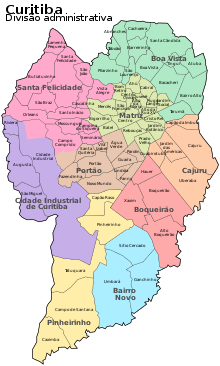 Curitiban kartta, jossa on kaupunginosat ja kaupunginosat.  