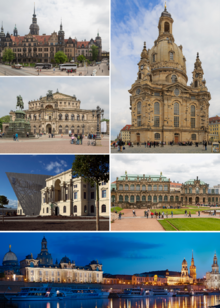 Collage: Church of Our Lady, Residence Palace, Semper Opera House, Military History Museum, Zwinger, Night Panorama