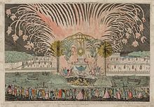 Peep-show of the peace celebration in Paris: fireworks and ephemeral festive architecture on the Place Louis XV on 22 June 1763 on the occasion of the conclusion of peace and the inauguration of the equestrian statue of the King