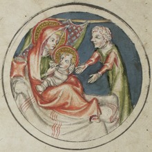 Elisabeth nursing the newborn John, Klosterneuburger Evangelienwerk, ca. 1340