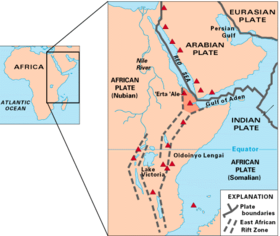 Mapa da África Oriental mostrando alguns dos vulcões ativos (triângulos vermelhos) e o Triângulo Afar (sombreado, centro). Esta é uma junção tripla onde três placas estão se afastando uma da outra: a placa árabe e as duas partes da placa africana (o núbio e o somali) que se dividem ao longo da zona do Rift da África Oriental.