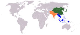 Een beeld van de "oosterse wereld" gedefinieerd als het "Verre Oosten", bestaande uit drie overlappende culturele blokken: Oost-Azië, Zuidoost-Azië en Zuid-Azië.  