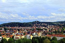 View from the Michelskuppe to the city centre of Eisenach, at the right edge of the picture the Inselsberg in the Thuringian Forest